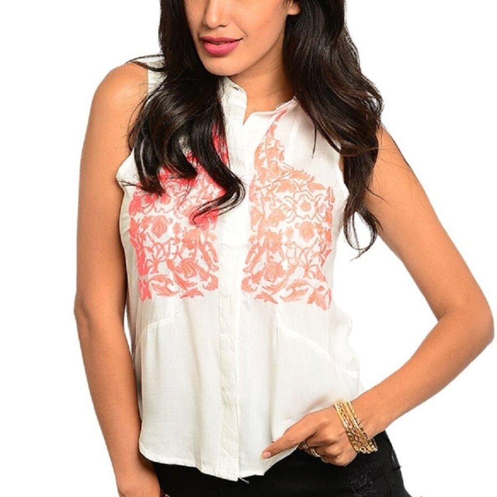 Pastel Ladies Embroidered-Button~Down Shirt Sleeveless White Size S  NWT